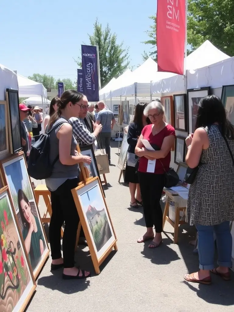 A photograph of artists from Horizons Parallèles participating in an external art fair, displaying their work and interacting with potential buyers and collaborators.