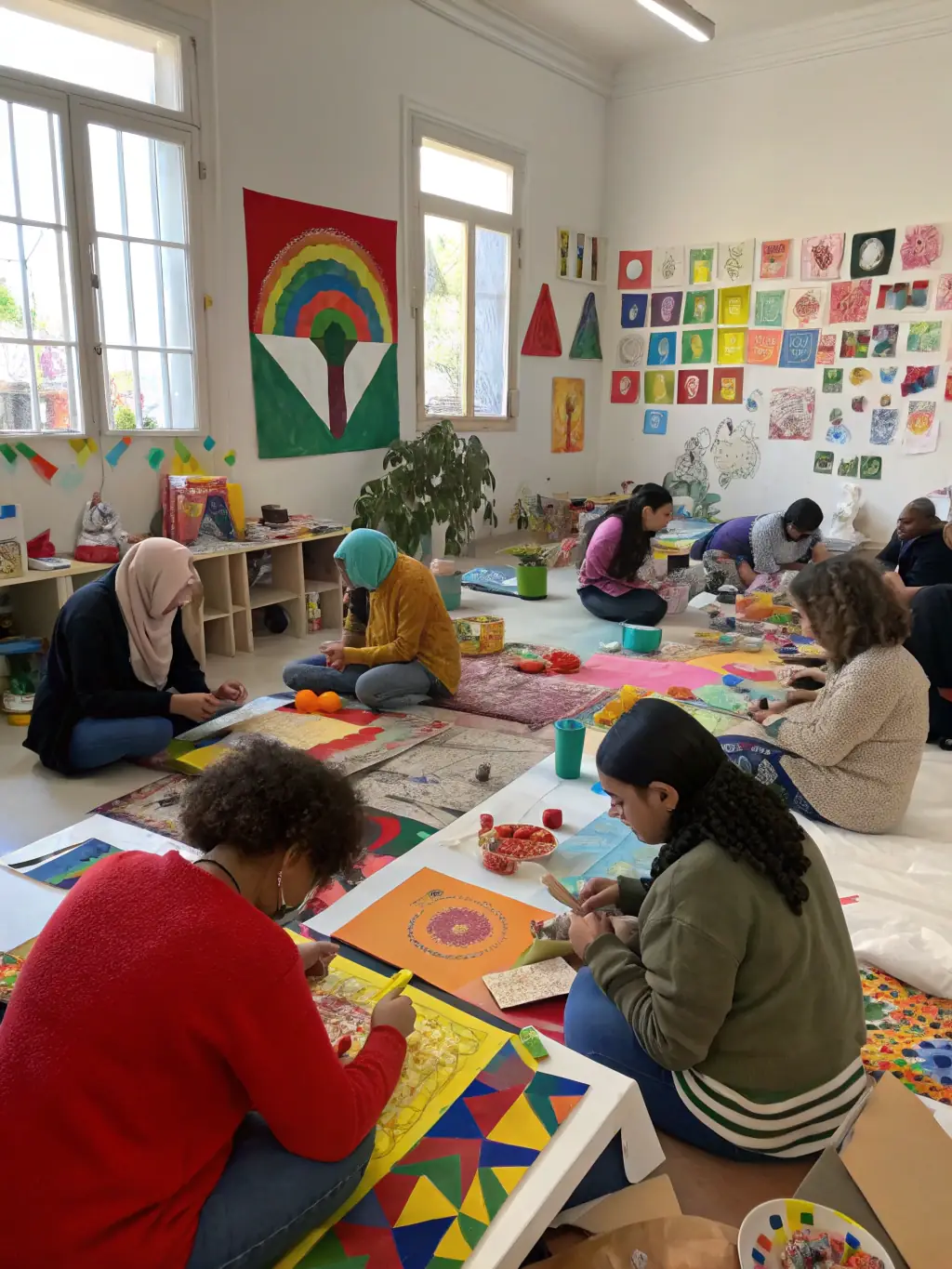 A vibrant photograph capturing a community art workshop led by Horizons Parallèles, showcasing participants of diverse backgrounds collaborating on a mural.
