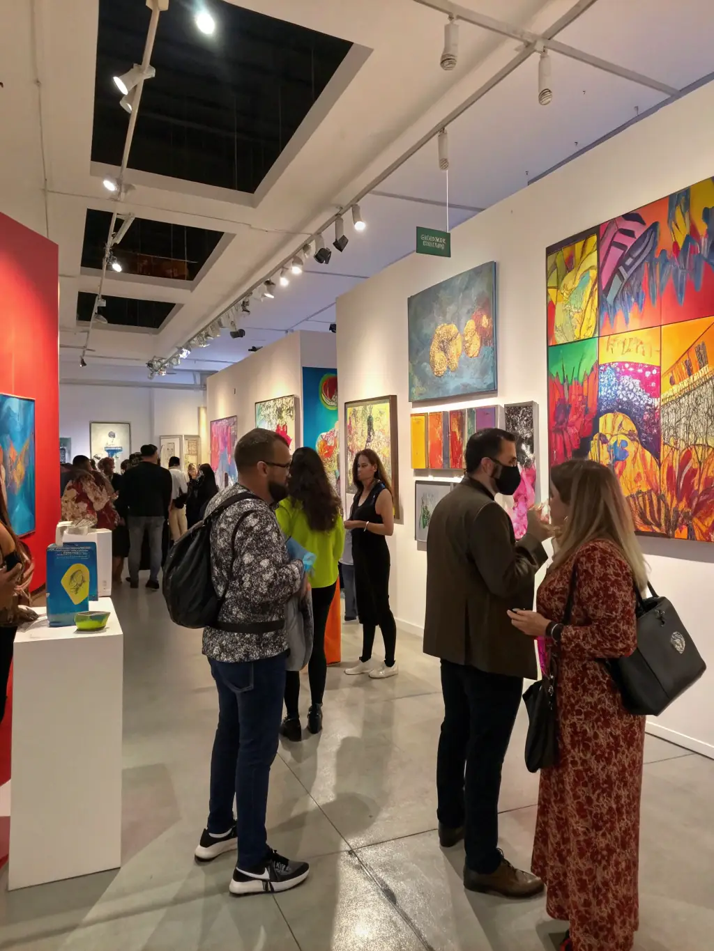 A dynamic image of an exhibition organized by Horizons Parallèles, featuring socially engaged artwork and attendees actively participating in a discussion.