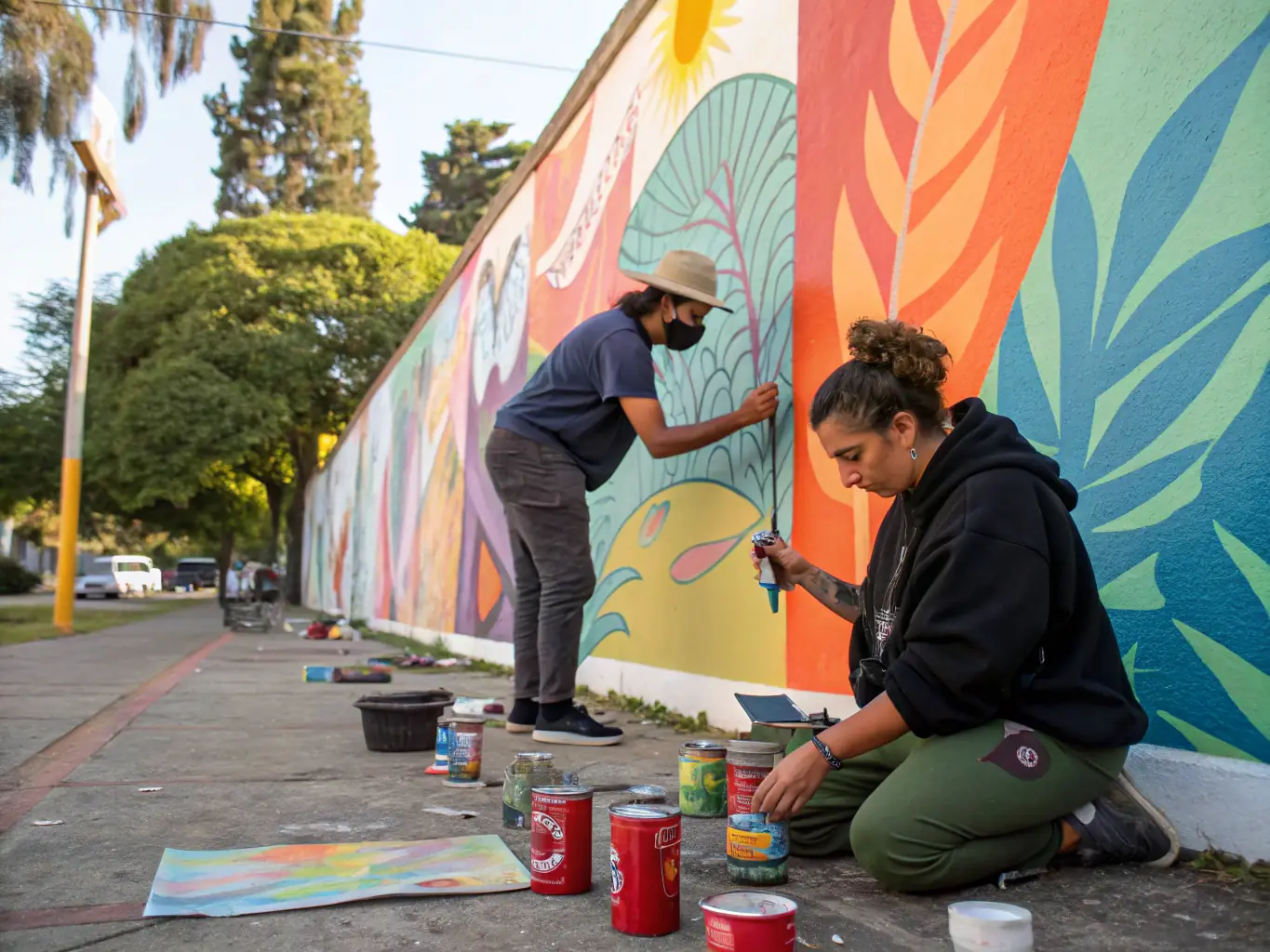 A photograph capturing a collaborative art workshop in progress, with participants actively engaged in creating a mural under the guidance of a lead artist.