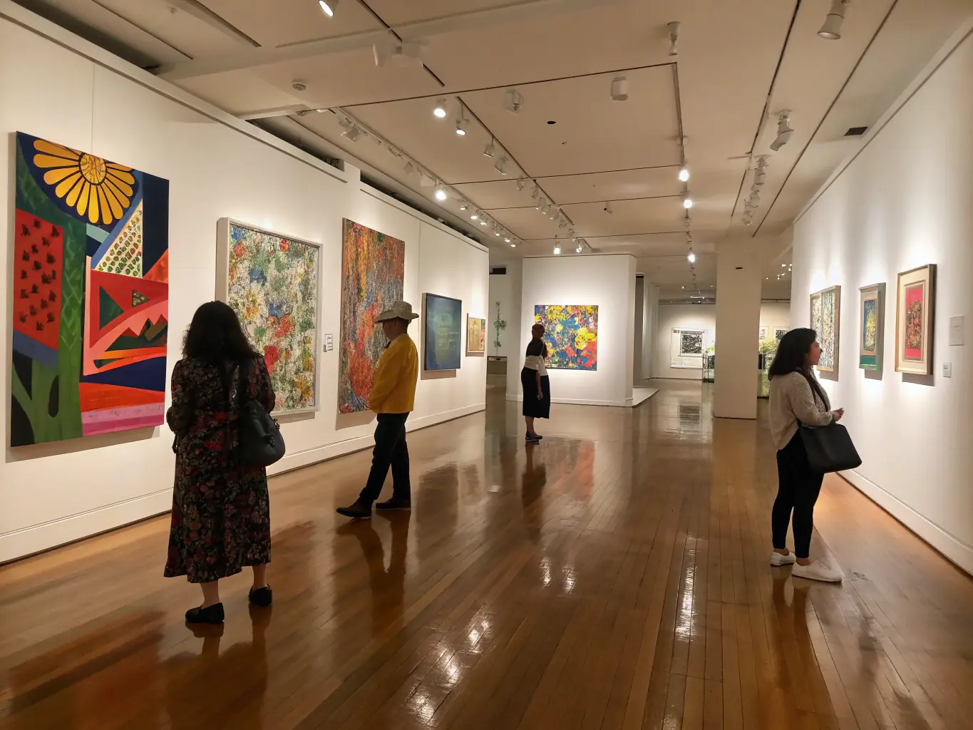 A photograph of an art exhibition featuring works by Horizons Parallèles members, highlighting the diversity of styles and themes explored by the collective.