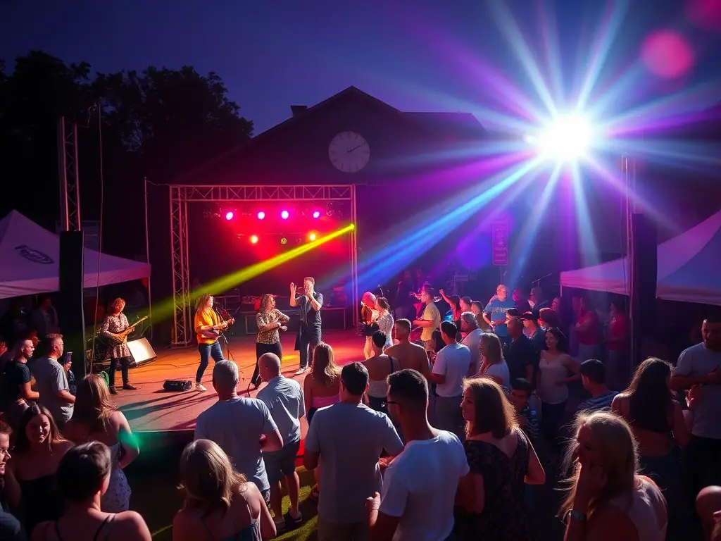 A dynamic image of an outdoor cultural festival organized by Horizons Parallèles, showcasing live performances, art installations, and community participation.